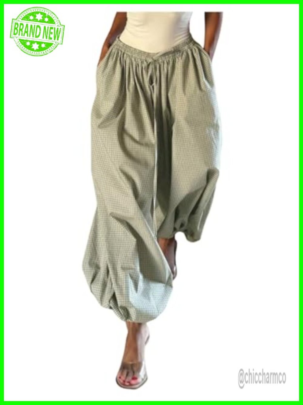 Women Gingham Lantern Pants Drawstring Wide Leg Balloon Palazzo Pull On